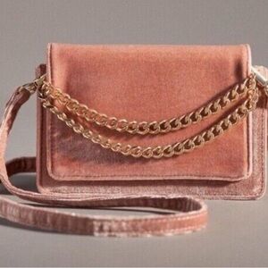 Anthropologie Crossbody Wallet Gold Chain Handle Velvet Strap Pink/ Rose